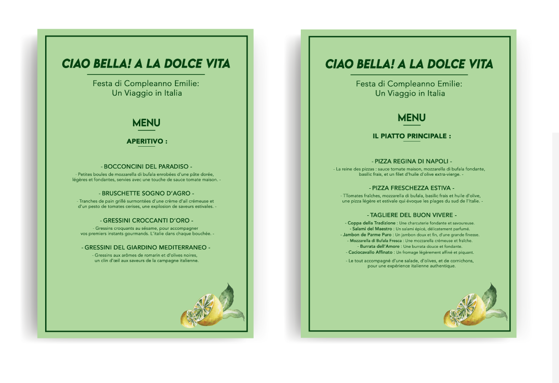 Menus de l'évènement